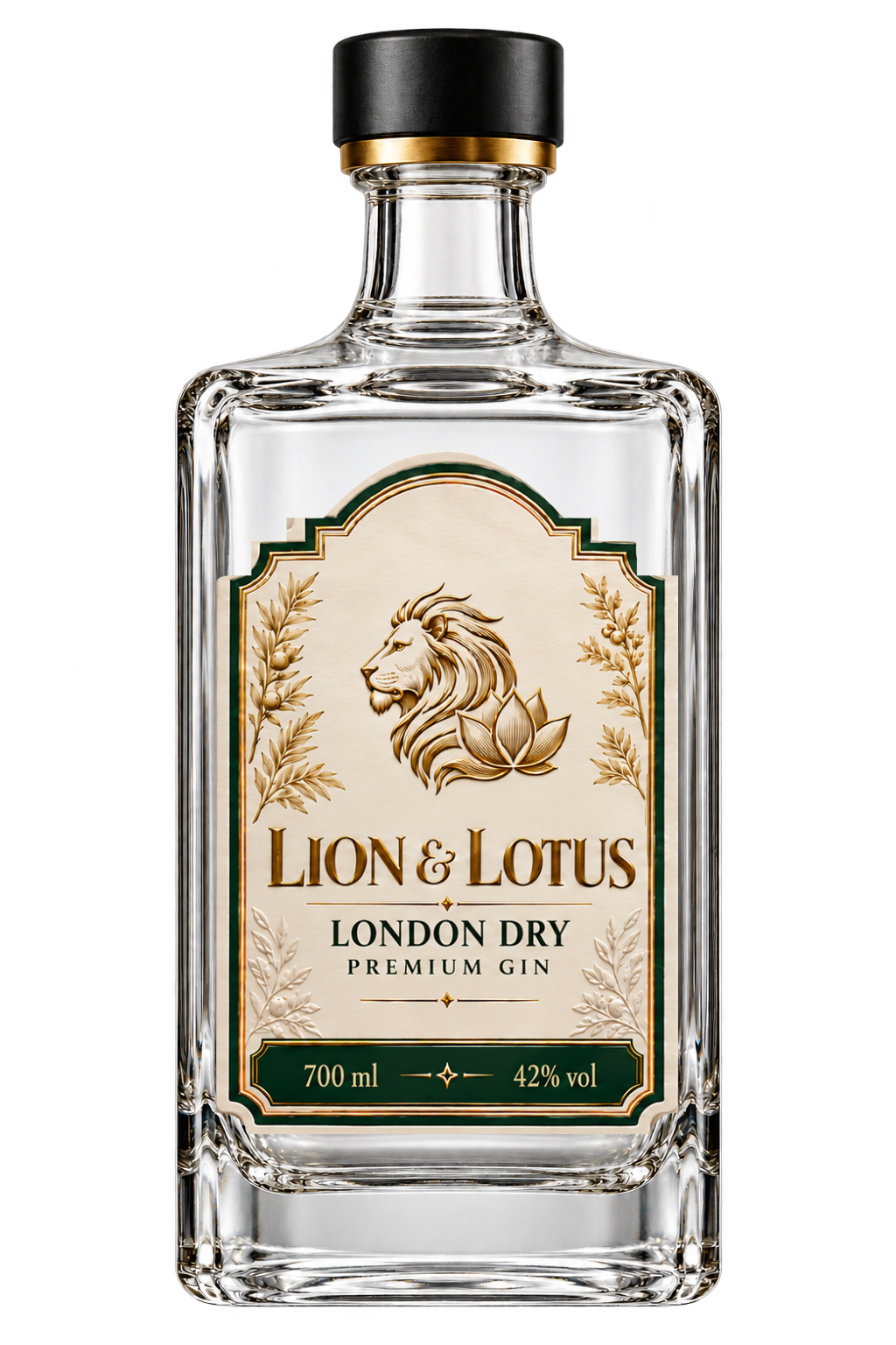 Full square clear-glass Lion & Lotus London Dry bottle with our engraved lion and lotus label