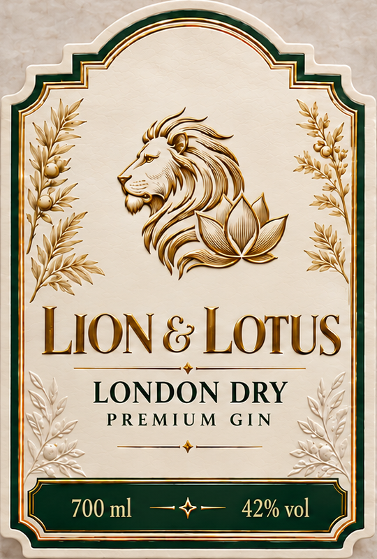 Close-up of the original Lion & Lotus London Dry front label